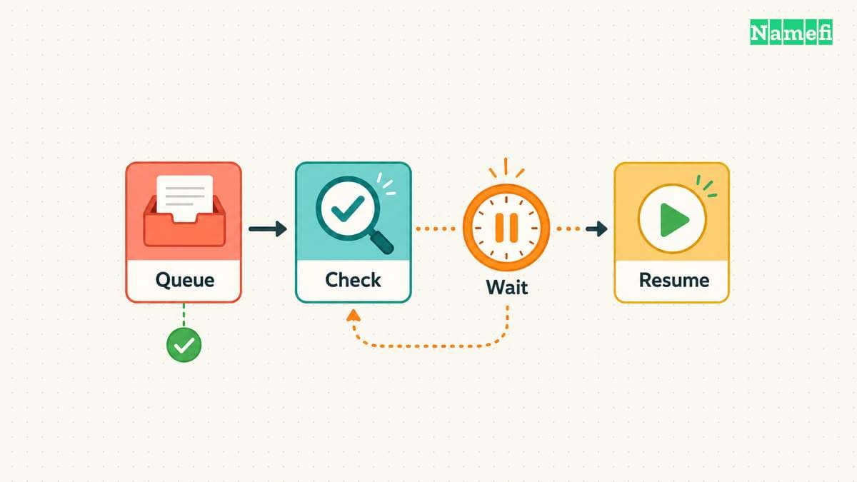 A queue checks domains, waits after throttling, and resumes while retaining completed results.