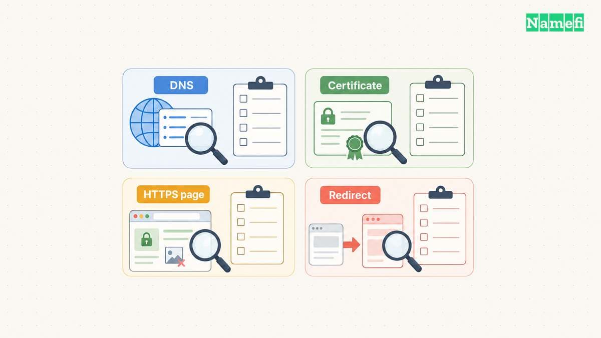 HTTPS checks confirm the completed website and expose remaining failures.