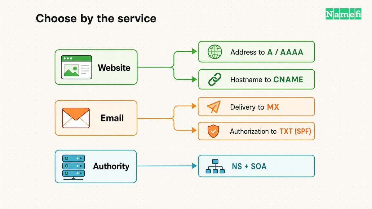 Website addresses use A or AAAA, website aliases use CNAME, mail delivery uses MX, SPF uses TXT, and zone authority uses NS with SOA.
