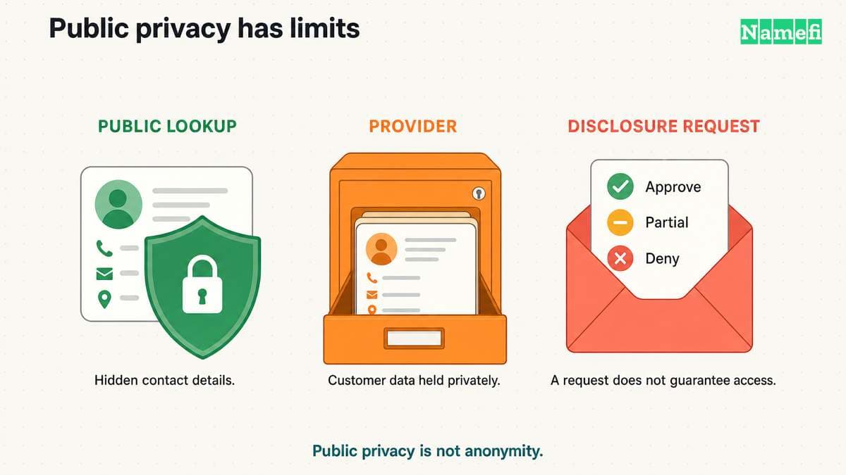Public lookup hides contact details, the provider holds customer information, and disclosure requires a separate decision.