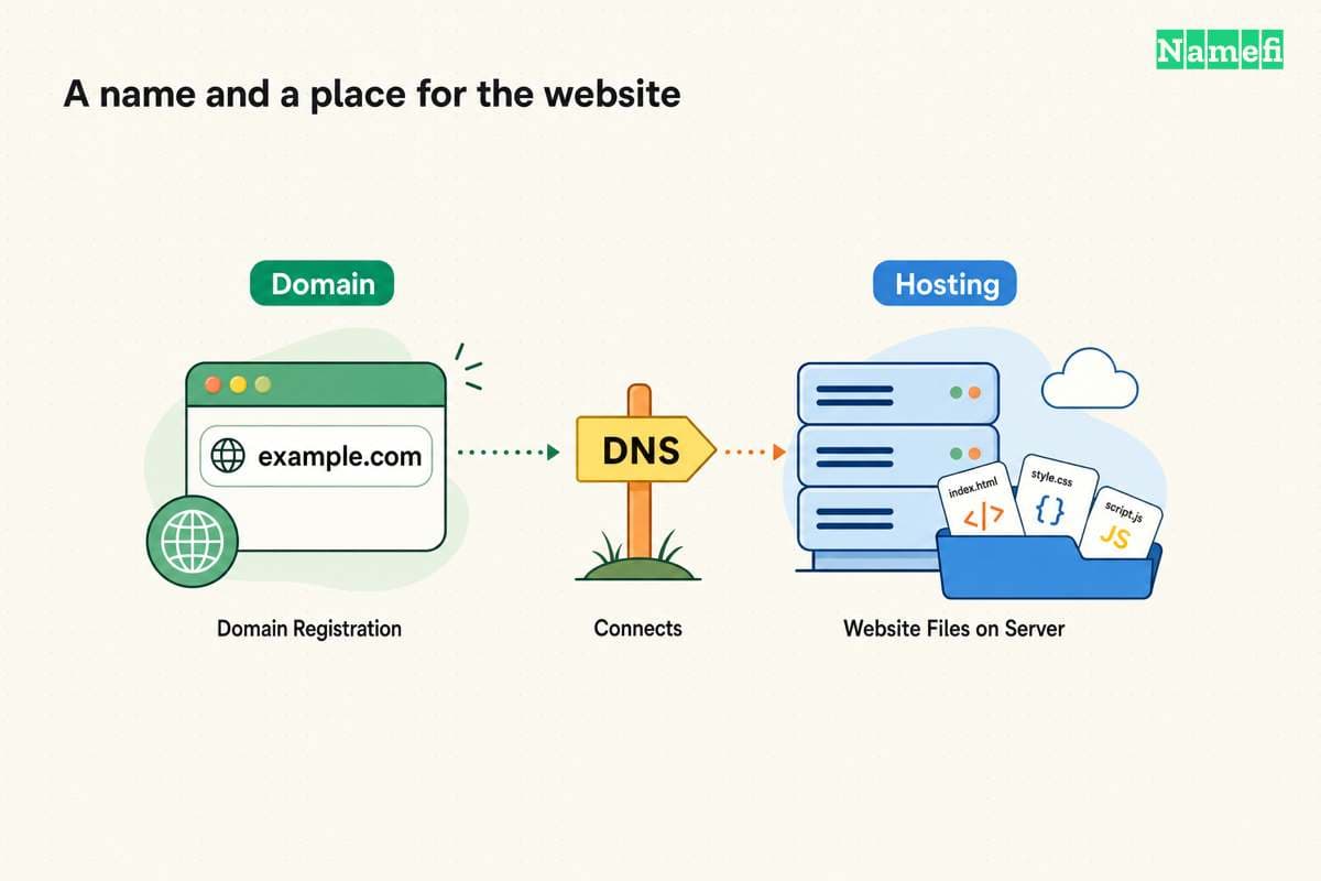 A domain name identifies the site; hosting provides the files and service.