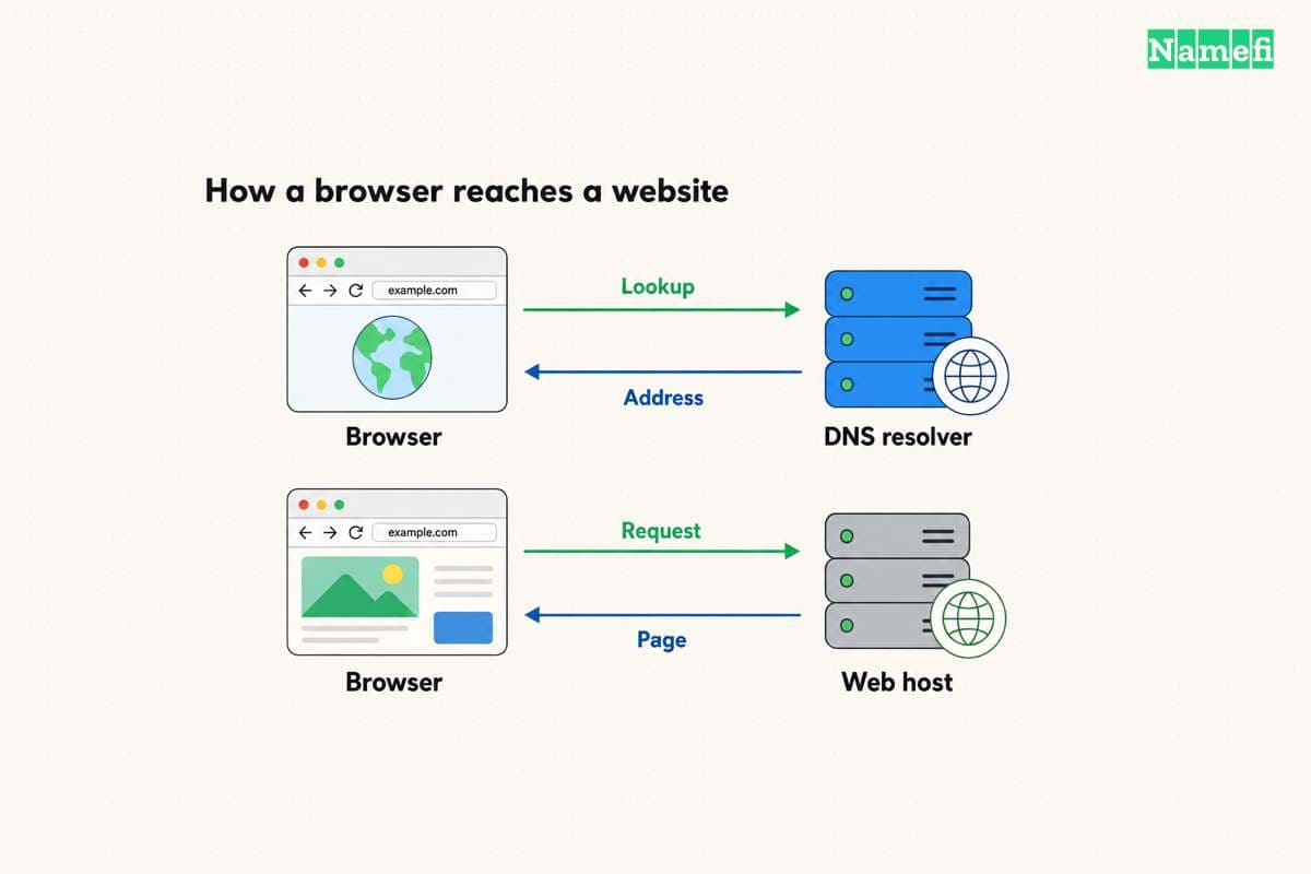 The browser first looks up the address through DNS, then requests the page from the web host.