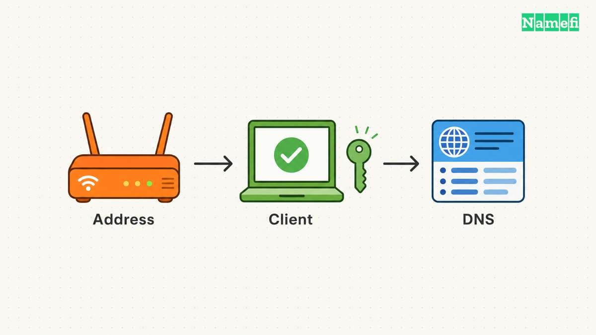 An address detector sends an authorized update through a client to DNS.