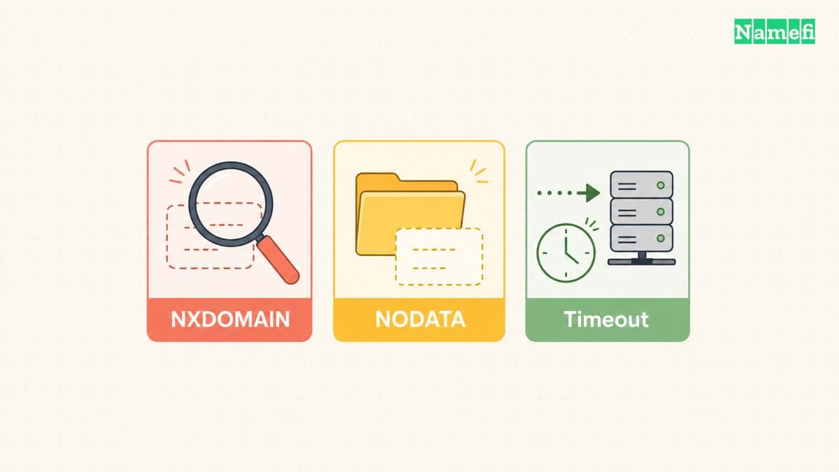 NXDOMAIN marks an absent name, NODATA marks an absent record type, and a timeout has no response.