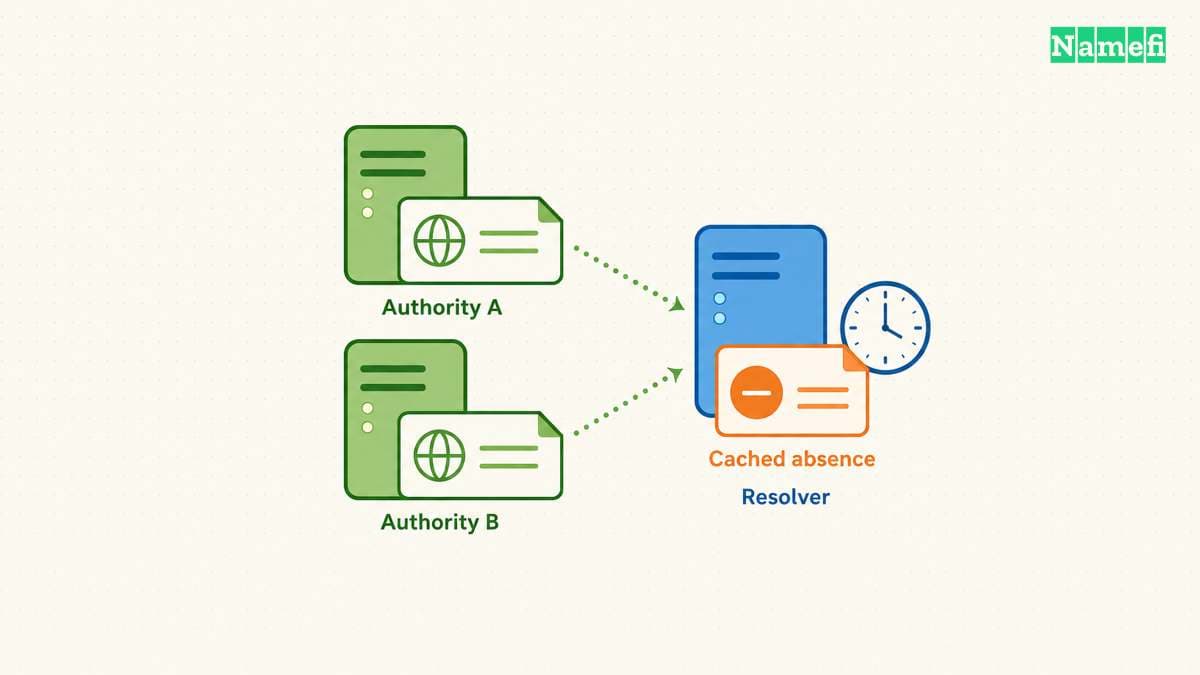 Two authoritative servers publish matching records while a resolver retains a separate cached absence.