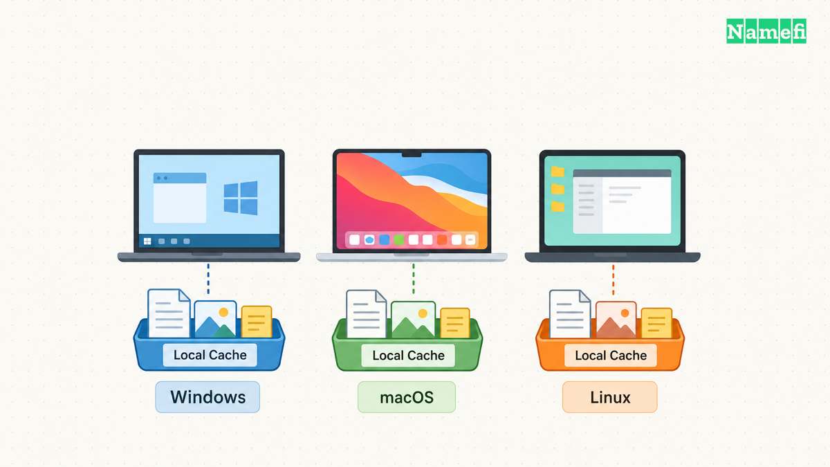 Windows, macOS, and Linux devices keep separate local cache trays.