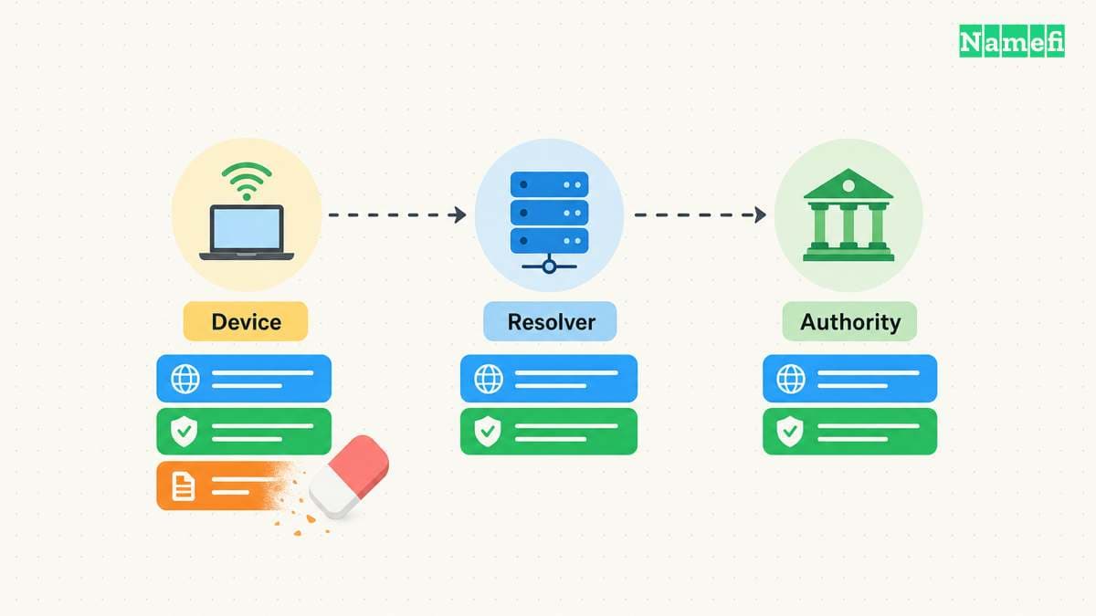 An eraser clears only the device cache while resolver and authority records remain separate.