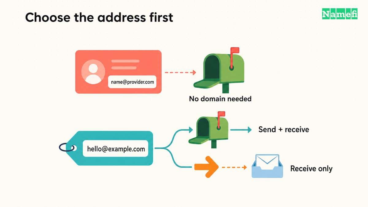 A provider address needs no domain purchase, while a custom address needs a mailbox or forwarding service.