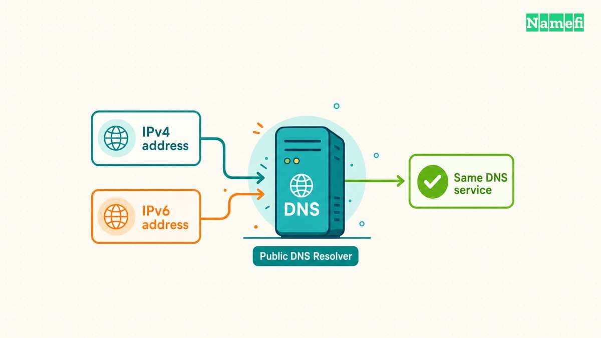 IPv4 and IPv6 addresses provide two entry points to one DNS service.