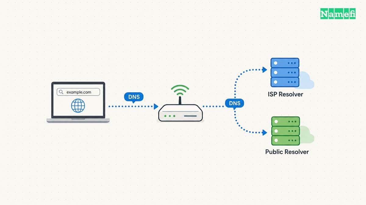 A device can reach an ISP resolver or a public resolver.