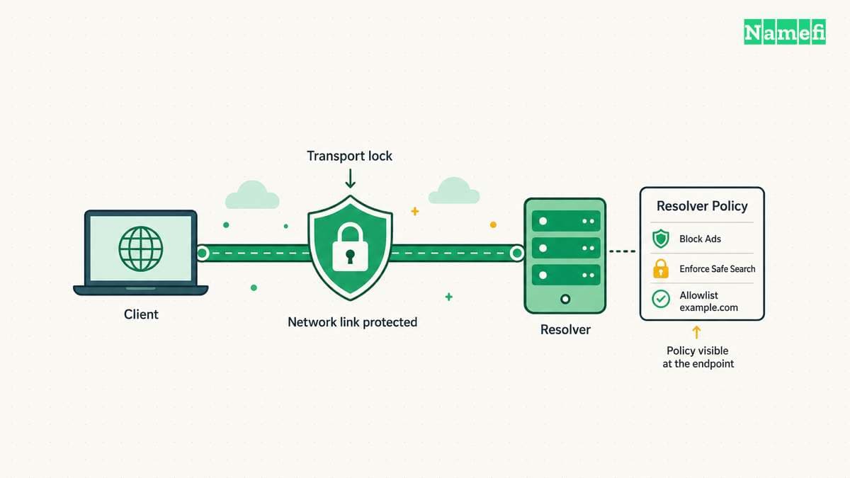 Transport encryption and resolver policy answer different privacy questions.
