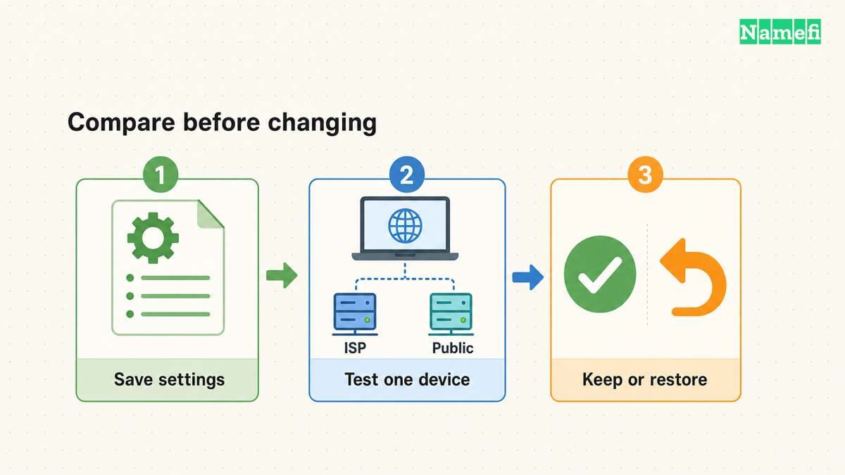 Save the original settings, compare ISP and public DNS on one device, then keep or restore the settings.