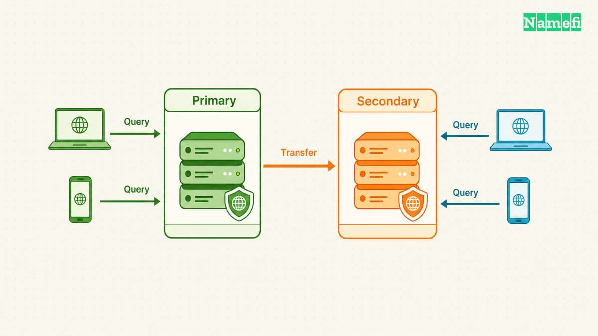 Primary and secondary servers both answer authoritative queries.