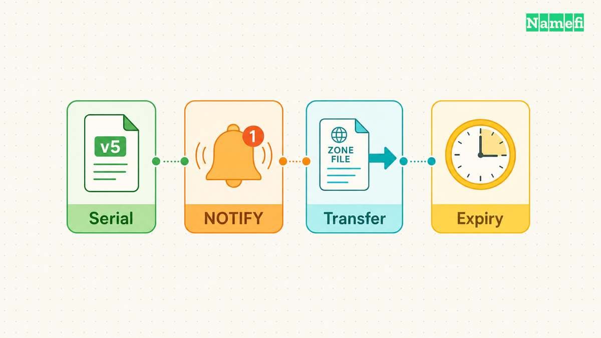 Zone transfers distribute changes after a serial check.