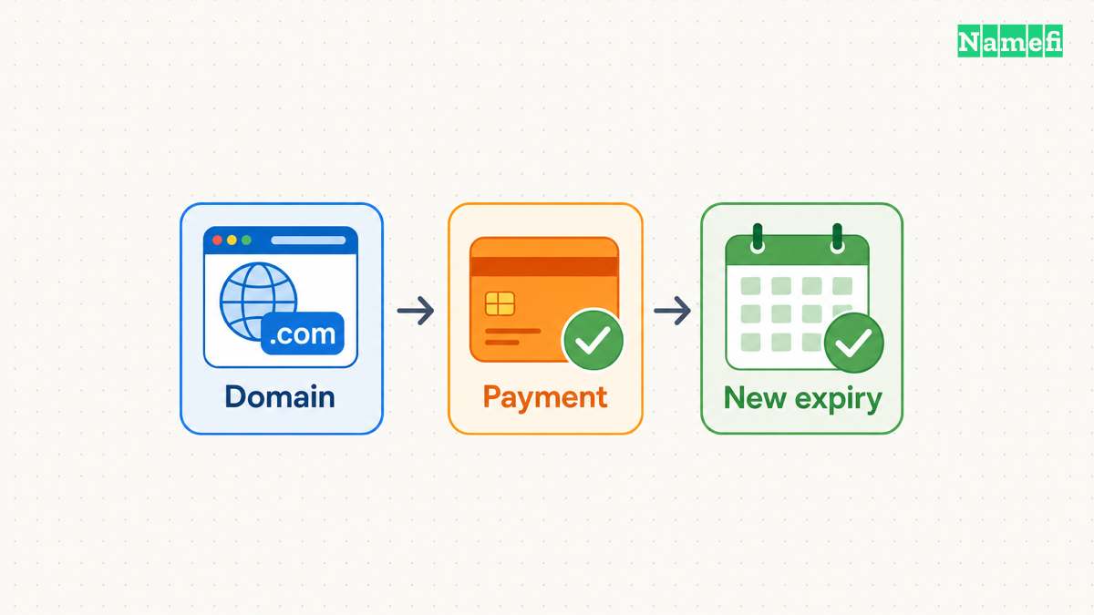 Three cards connect the domain, successful payment, and confirmed new expiry date