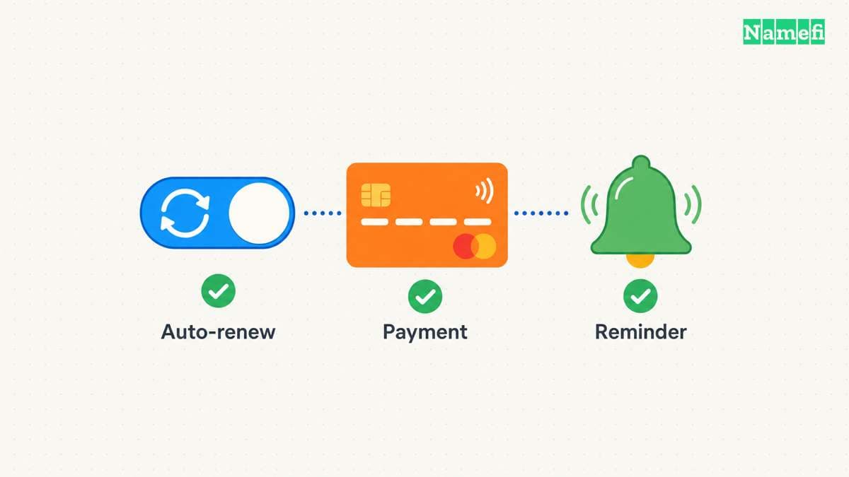 Separate checkmarks connect an auto-renew setting, payment card, and reminder bell
