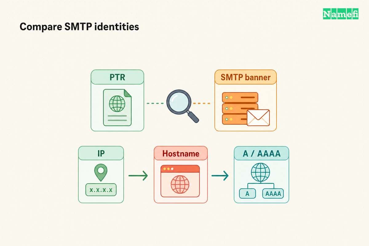 PTR and SMTP banner checks compare server names, while forward DNS checks the address returned by a hostname.