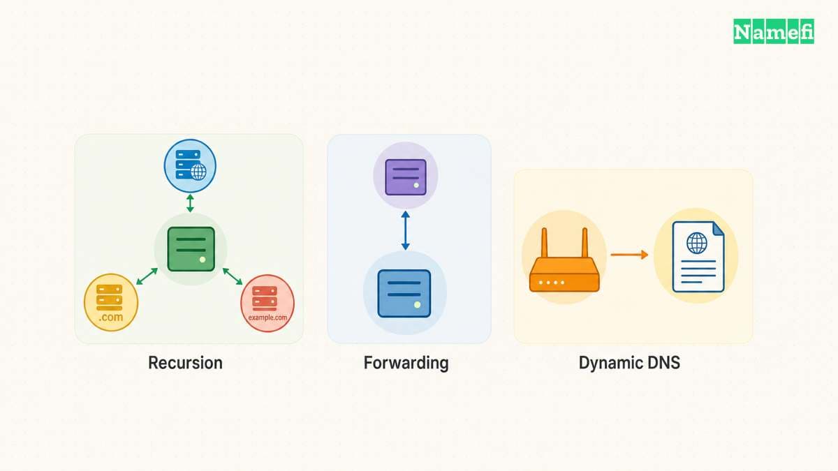 Recursion, forwarding, and dynamic DNS perform different tasks.