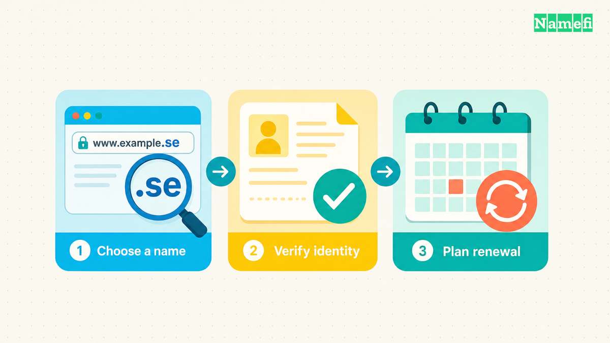 Three registration steps show name selection, identity verification and renewal planning