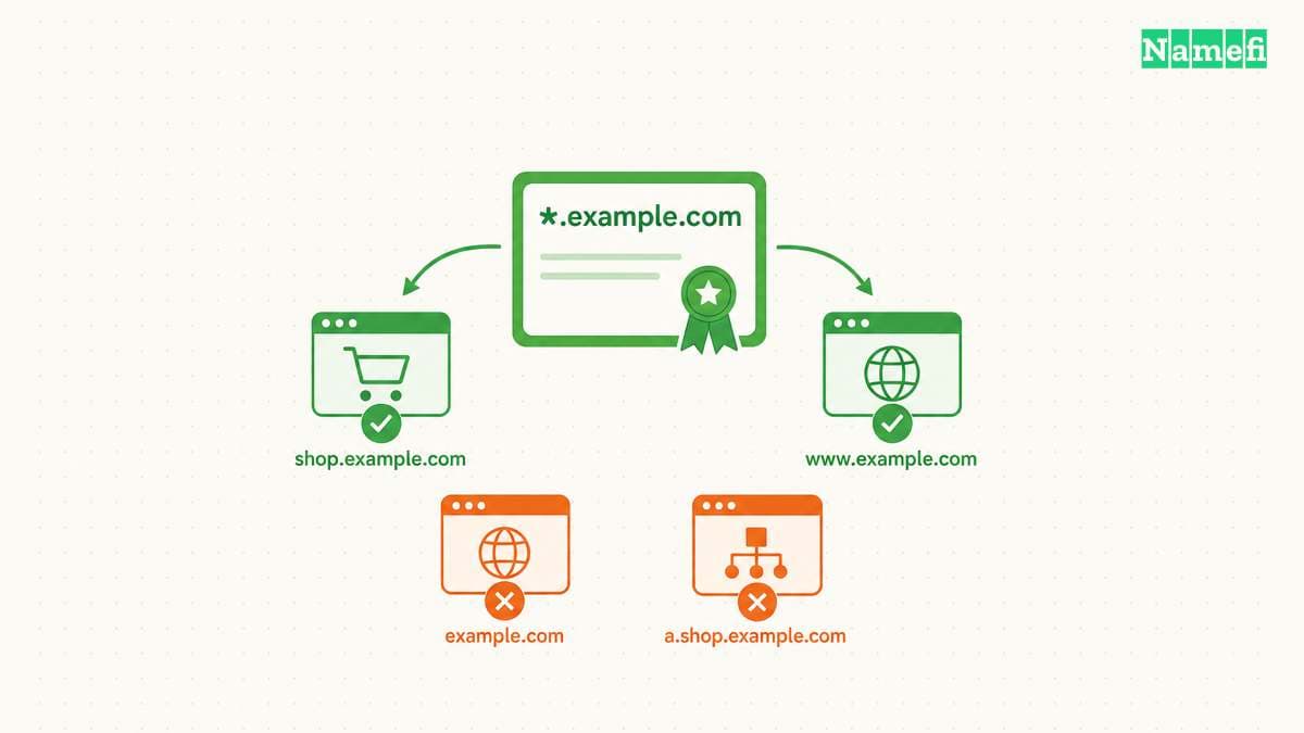 A wildcard covers one label below example.com but excludes the apex and deeper names.