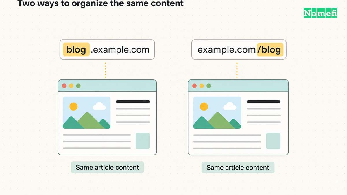 The blog label appears before the domain in a subdomain and after it in a subdirectory.