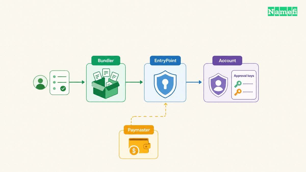 The diagram illustrates eRC-4337 separates operation submission from account policy.