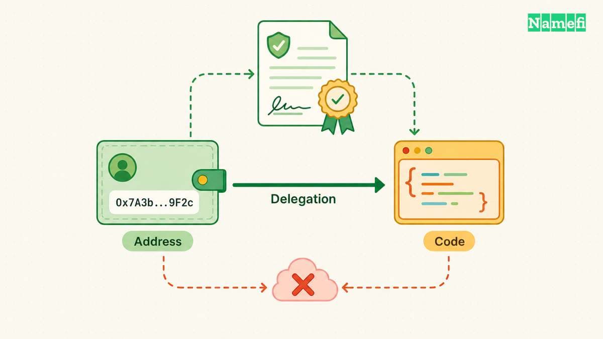 The diagram illustrates eIP-7702 preserves an address while delegating execution to code.
