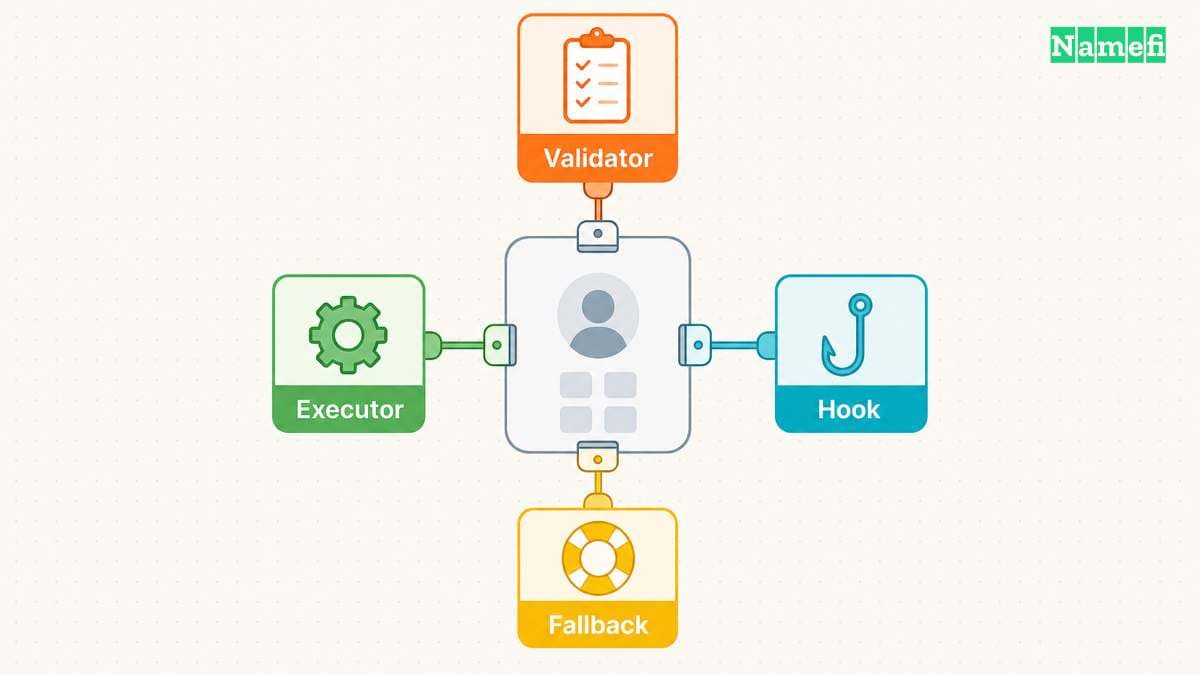 The diagram illustrates eRC-7579 makes module interfaces comparable while preserving privilege differences.