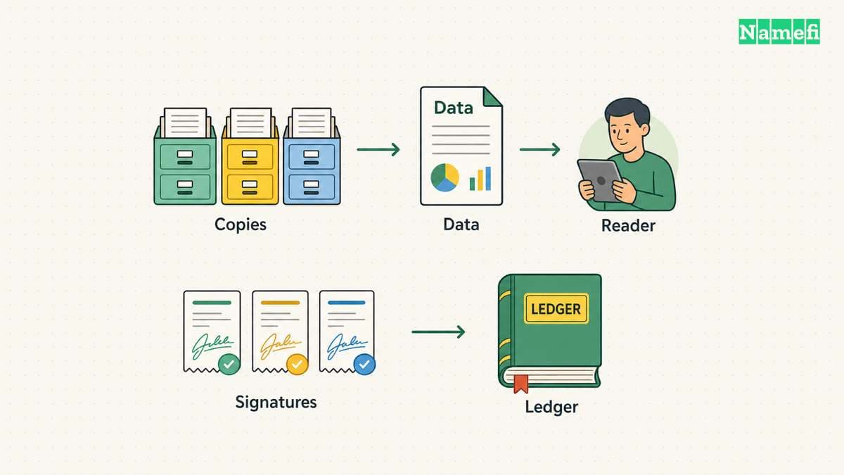 Committee members retain data copies and provide signatures, while users need the actual recovery data.