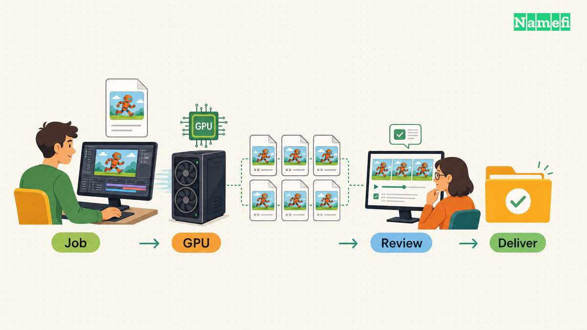 The diagram illustrates render supplies gpu work through supported production workflows.