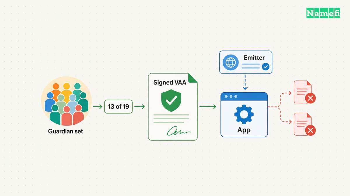 The diagram illustrates wormhole authenticates VAAs while applications define their permitted effects.
