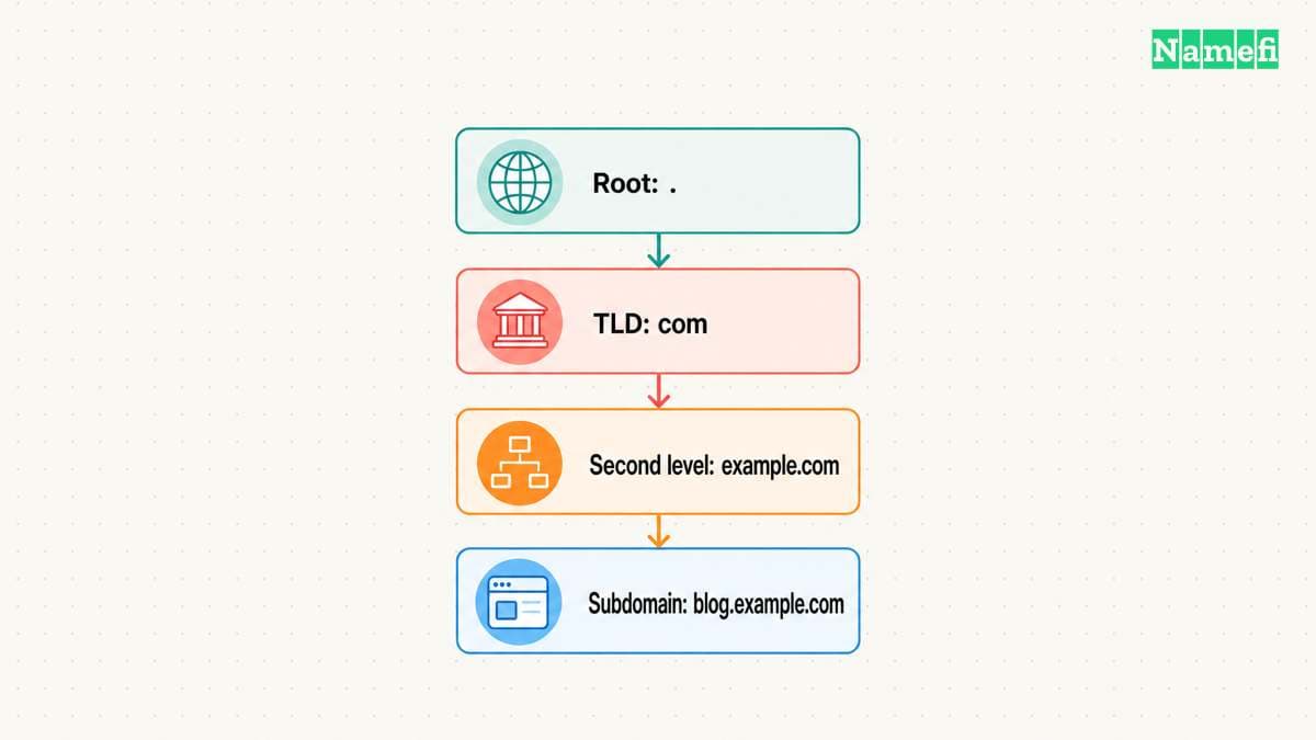 The DNS hierarchy runs from the root through com and example.com to blog.example.com