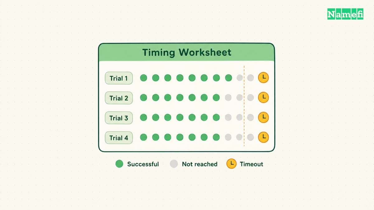 An illustrative timing worksheet retains successful trials and timeouts.