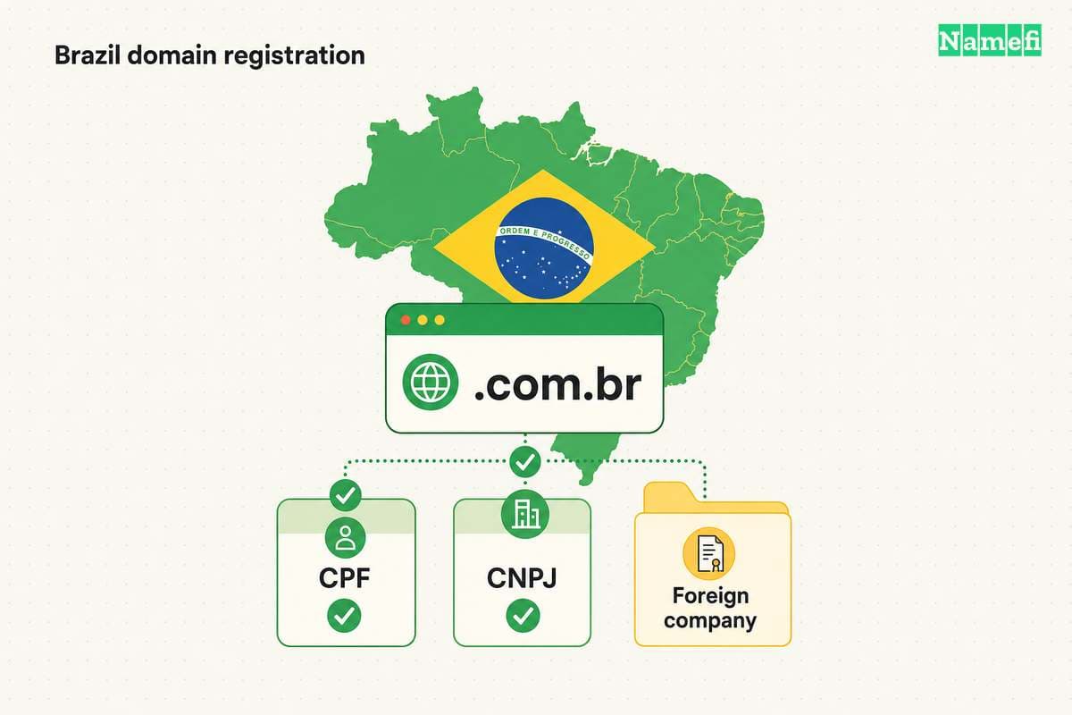 CPF and CNPJ identity cards and a foreign-company document folder connect to a .com.br address over a Brazil map.
