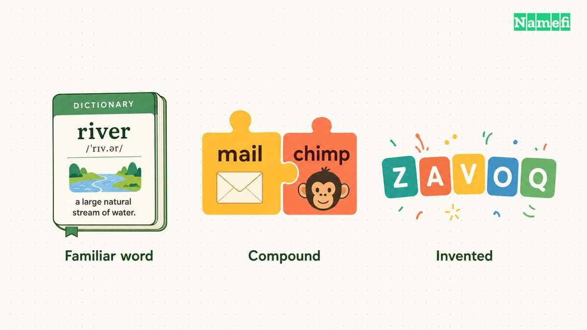 Compare naming structures: Familiar word, Compound name, Invented word