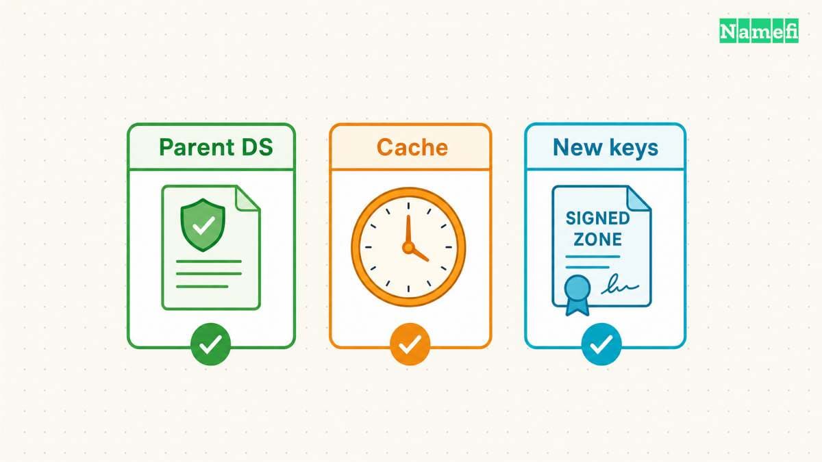 The DNSSEC plan must account for parent DS records and caches.