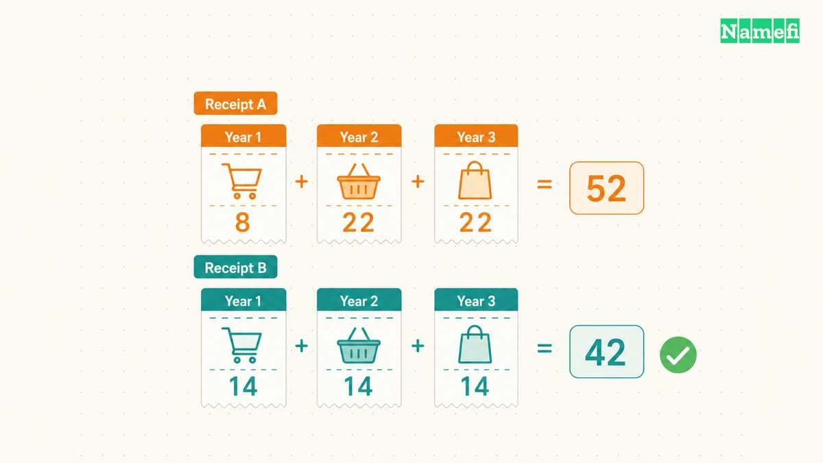 Two illustrative three-year receipts total 52 and 42, showing why renewal costs matter.