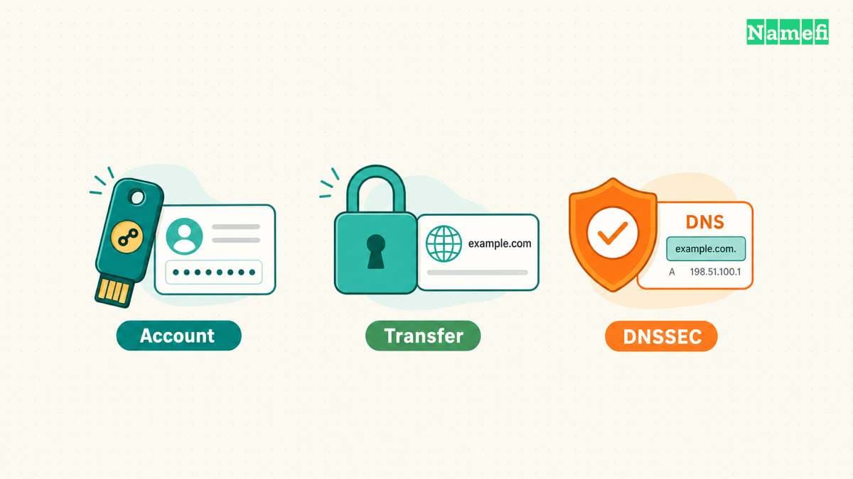 Account authentication, transfer protection, and DNSSEC address separate controls.