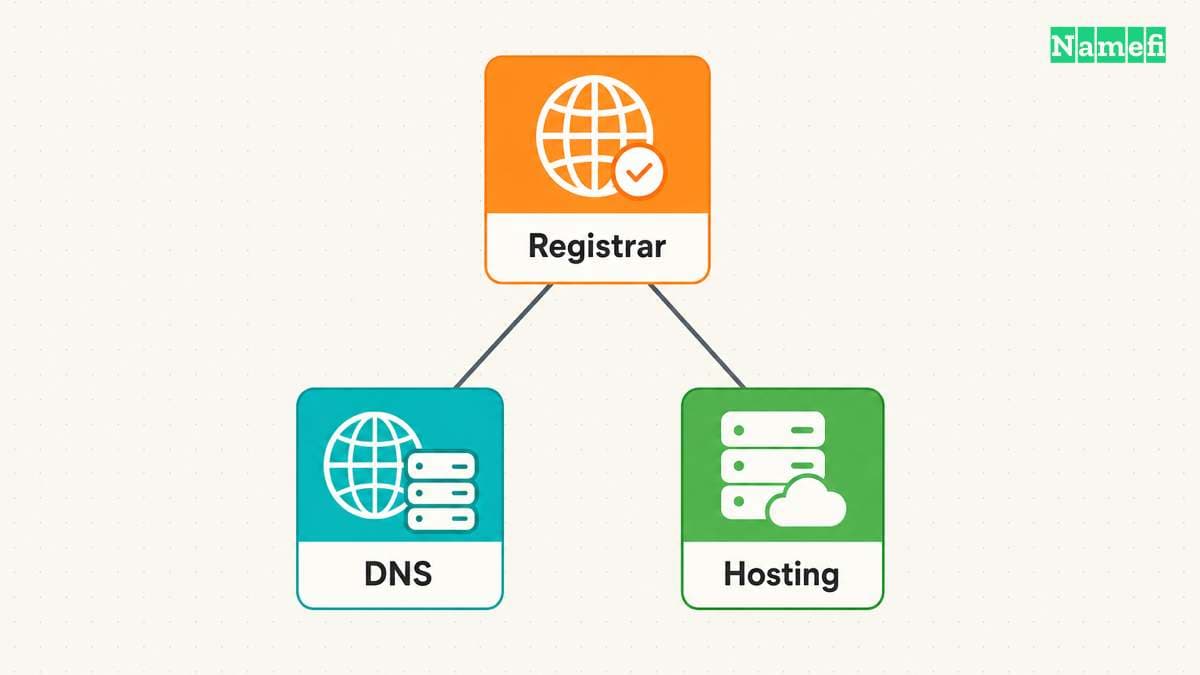 Separate registrar, DNS, and hosting cards show distinct service choices.