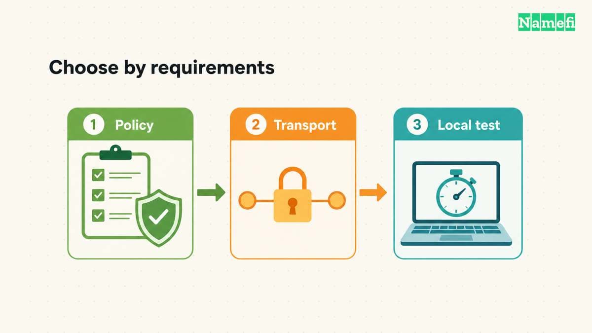 The selection process compares policy, transport, and local results.