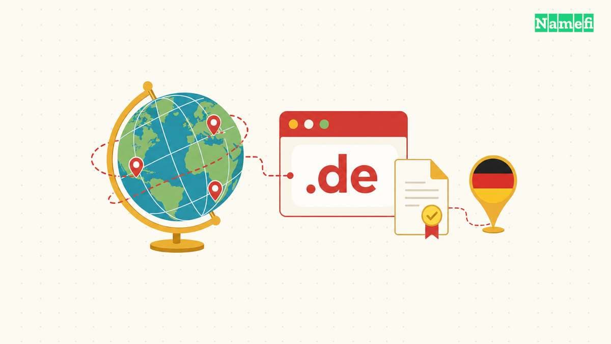 A globe connects to a .de address and a German flag, showing worldwide registration for a German audience