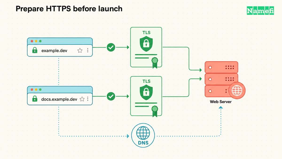 A browser connects example.dev and docs.example.dev through TLS certificate checks to a web server.