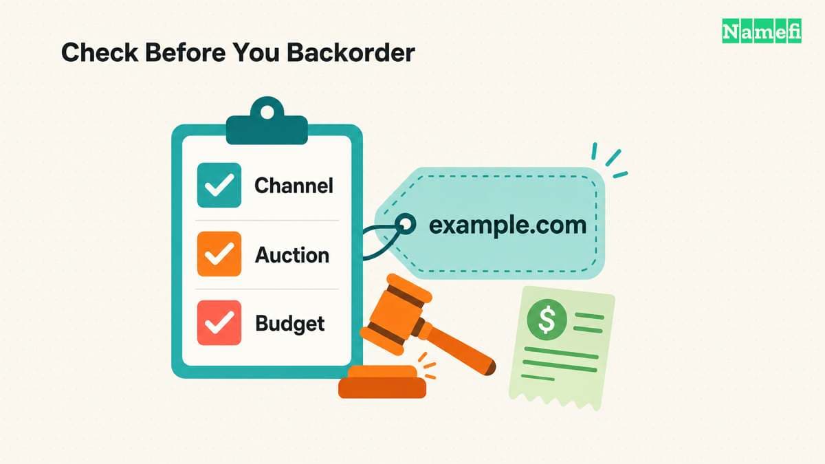 A checklist identifies the acquisition channel, auction rules, and budget before a domain backorder
