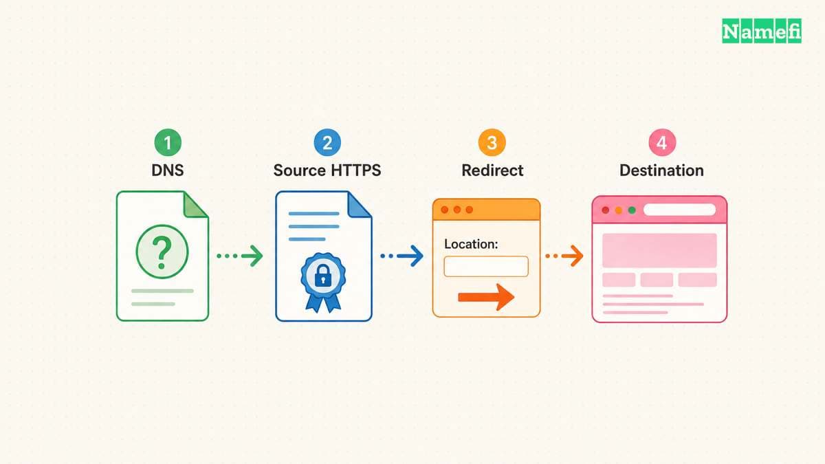 DNS connects the browser to the redirect service.