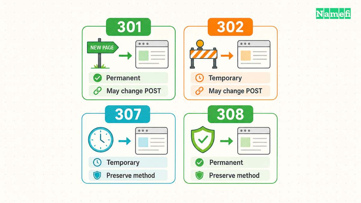 Redirect codes describe permanence and request handling.