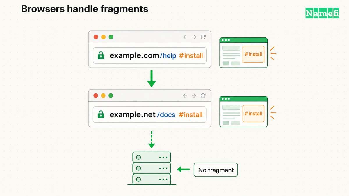 The browser retains an example fragment while the server receives only the path.