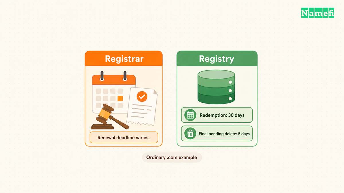 Two separate tracks distinguish registrar renewal deadlines from registry redemption and pending-delete states