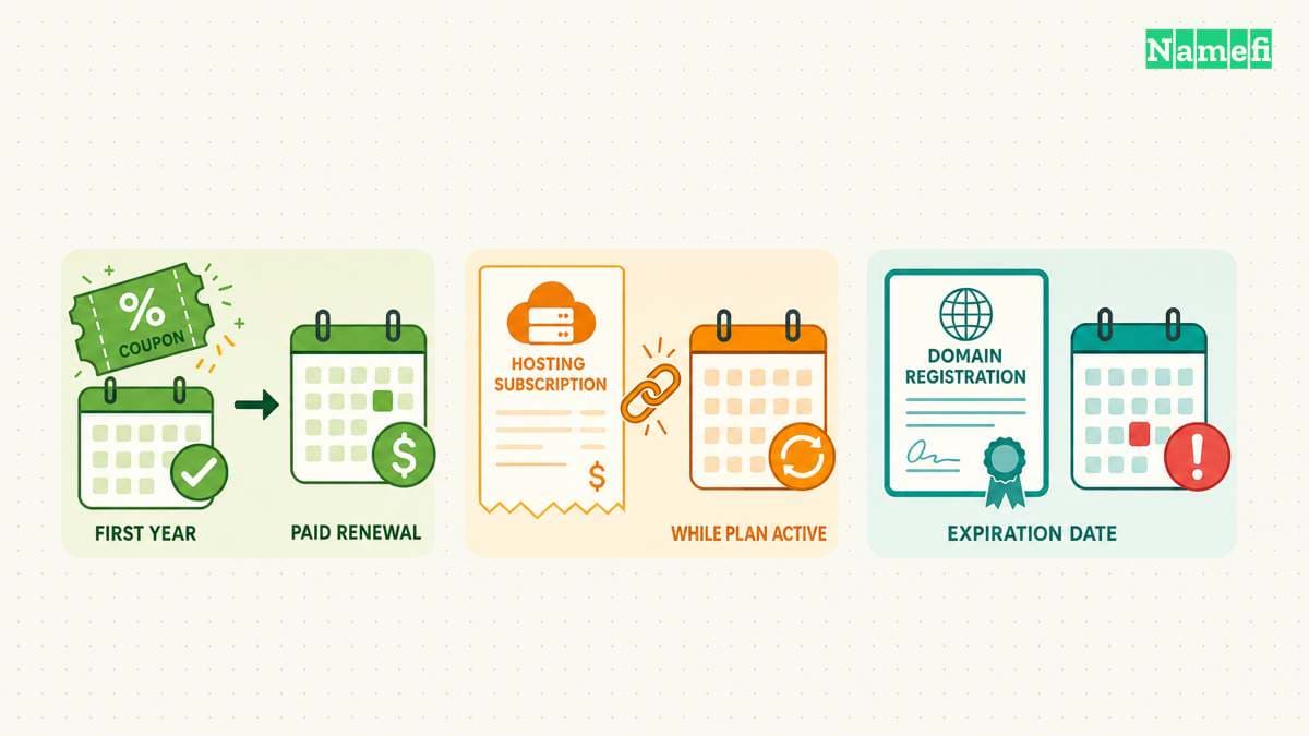 First-year discounts, ongoing plan benefits, and registration expiration have different renewal conditions.