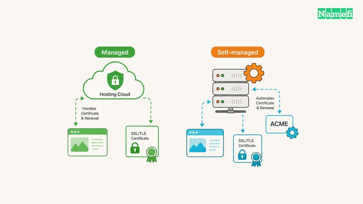 Managed hosting handles certificates and renewal, while a self-managed server uses an ACME client.