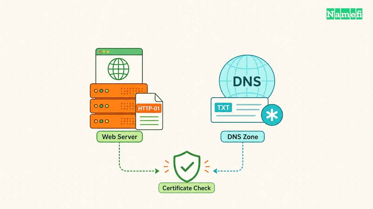 HTTP validation serves a challenge file, while DNS validation publishes a TXT record and can support wildcard issuance.
